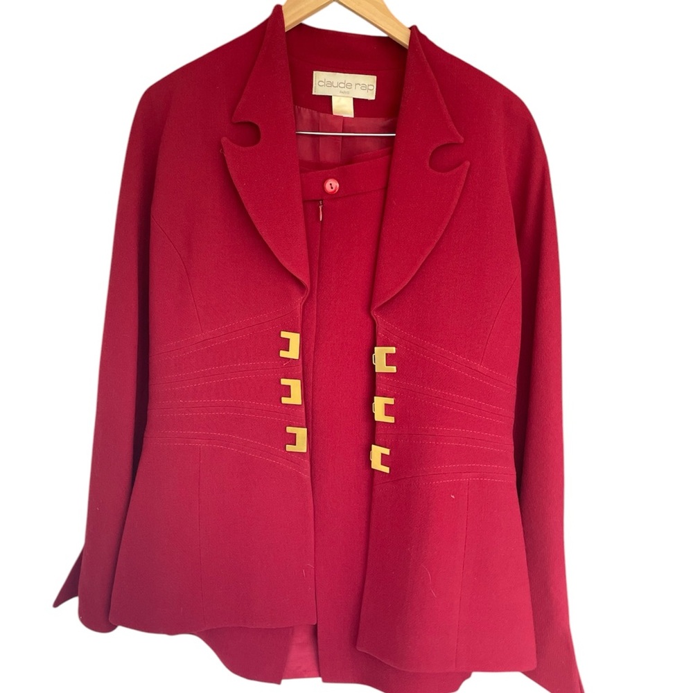 Vintage red Claude Rap blazers set with skirt and gold detailing.